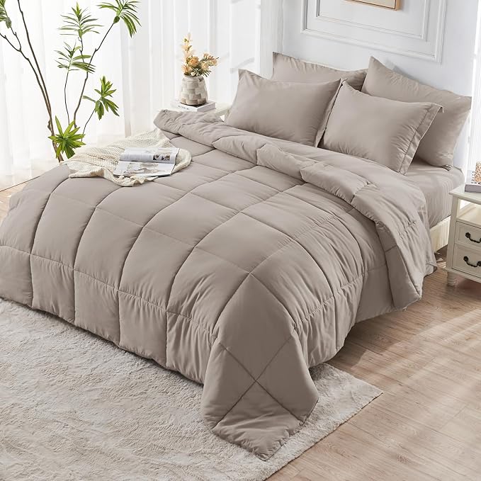 JOLLYVOGUE King Comforter Set, Ultra-Soft Bed in a Bag King Size 7 Pieces, Oeko-TEX Certified Bedding Set with Down Alternative Comforter, Sheets, Pillowcases & Shams, Khaki