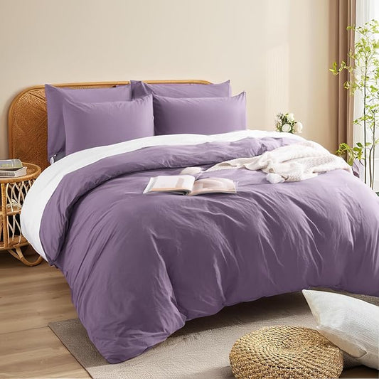 NEXHOME PRO Full Duvet Cover Set, 100% Washed Cotton with Linen-Like Texture, Natural Organic, Breathable & Comfortable, Includes Home Bedding Set Dusty Purple (No Comforter) 8090
