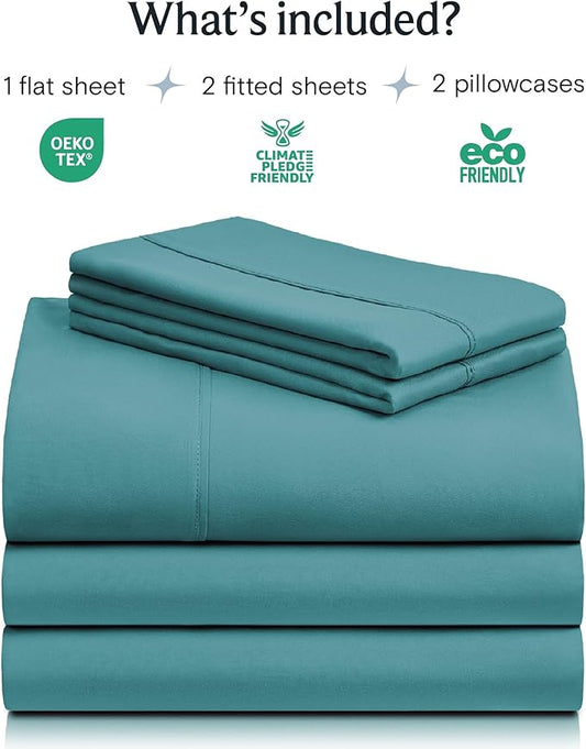 LuxClub 5 PC Split King Sheet Set, Breathable Luxury Bed Sheets, Deep Pockets 18" Eco Friendly Wrinkle Free Cooling Sheets Machine Washable Hotel Bedding Silky Soft - Teal Split King
