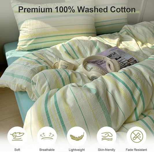 EAVD Retro Striped Duvet Cover Set Full Size Soft 100% Cotton Vintage Yellow Green Stripes Pattern Bedding Set with 2 Pillowcases Reversible Farmhouse Geometric Printed Duvet Cover with Zipper