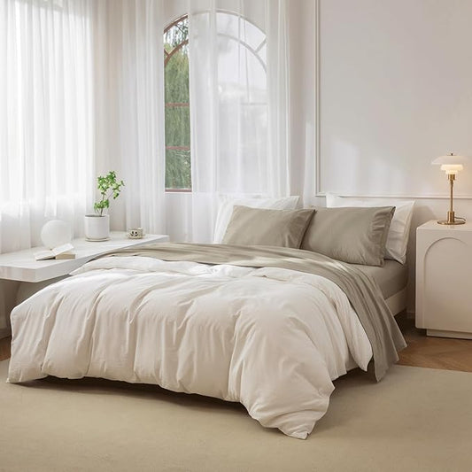 JIYUAN Full Size Sheet Set, 4-Piece - 100% Washed Cotton, Linen-Like Soft & Breathable, Includes Deep Pocket Fitted & Flat Sheet with 2 Pillowcases, Hotel Quality, Solid Khaki