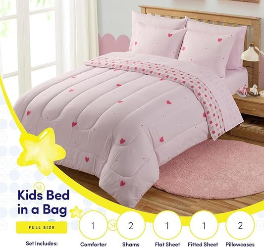 Heart Comforter Set Full Size for Girls โ Soft Pink Bed in a Bag with Sheets, Pillowcases & Shams โ Cute Kids Bedding with Love Hearts Design โ Cozy Microfiber for Child or Tween Bedroom Decor