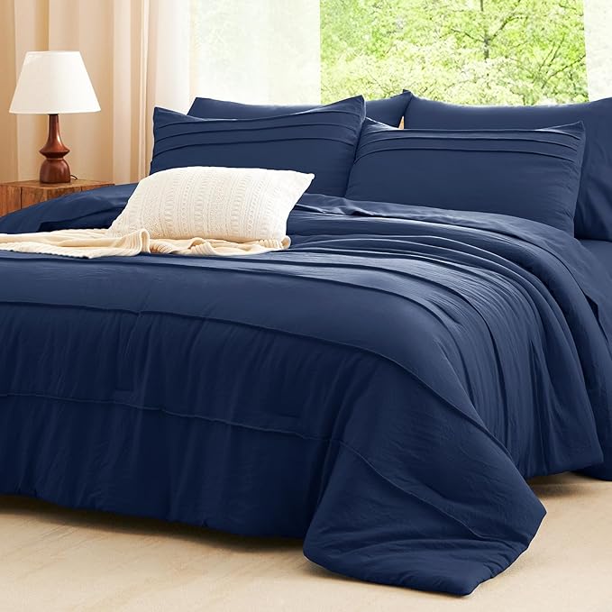 CozyLux Full Size Comforter Sets Navy Blue, 7 Pieces Soft Pinch Pleat Bed in a Bag Full Comforter Set with Sheets, Boho Bed Set with Down Alternative Comforter, Sheets, Pillowcases & Shams