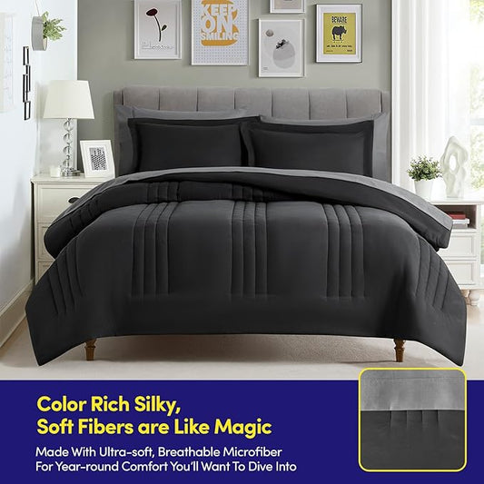 Full Size Comforter Set Quilted Stripe Bedding Bundle – Comforter, Mattress Protector, Sheets with Pockets on the Side & Built-in Corner Strap – Fitted Sheet Media Pocket for Devices, Black/Charcoal