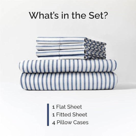 Full 6 Piece Sheet Set - Comfy Breathable & Cooling - Soft Hotel Luxury Bedding Set with 8-16 Inch Deep Pockets - 1 Flat & 1 Fitted Sheet & 4 Pillowcases - Wrinkle Free & Easy Care - Blue Stripes 2