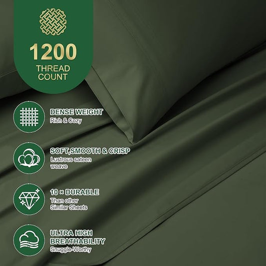 Ivellow 100% Egyptian Cotton Sheets Queen Size Set - 1200 Thread Count 6 PC 18" Deep Pocket Queen Size Bed Sheet Set,Luxury Soft Breathable Dark Green Cooling Sheet Sets Durable Hotel Quality Bedding