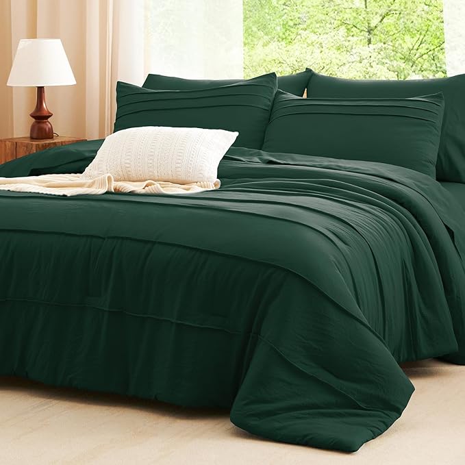 CozyLux King Size Comforter Set Emerald Green, 7 Pieces Soft Pinch Pleat Bed in a Bag King Comforter Set with Sheets, Bed Set with Down Alternative Comforter, Sheets, Pillowcases & Shams