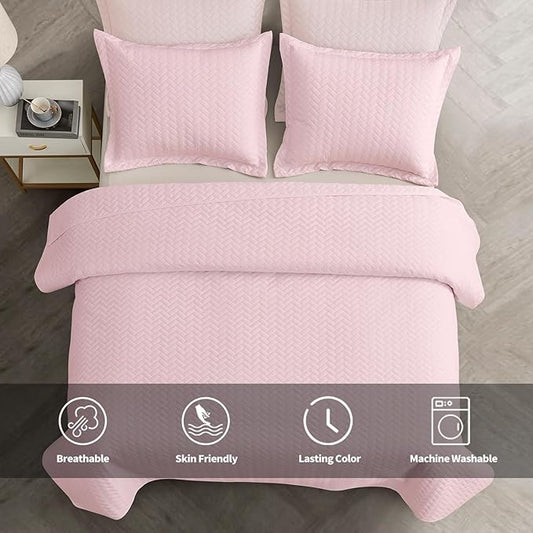 Maple&Stone Quilt Set Queen Size, Lightweight Pink Bedspread Ultrasonic Chevron Pattern Light Coverlet for All Season Comforter Bedding Decor - 3 Piece Full Bed Cover Sets