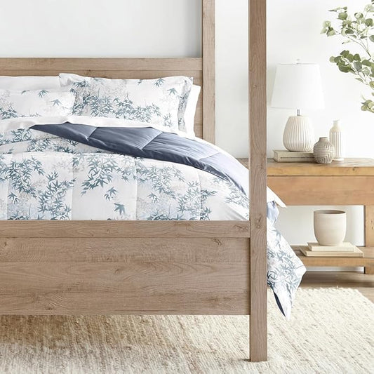 LINENS & HUTCH Comforter Set Patterned Microfiber All Season Down-Alternative Ultra Soft Bedding in Bamboo Leaves Blue - King/Cal-King Bamboo Leaves Blue Stone