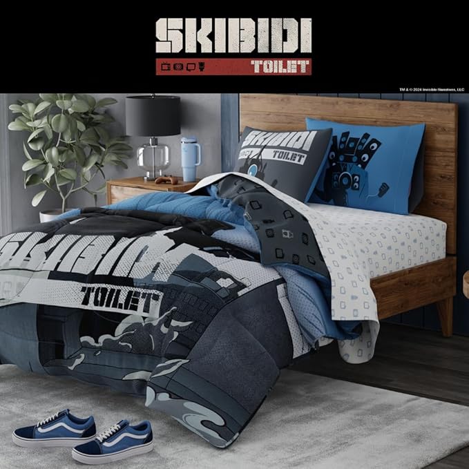 Skibidi Toilet Gamer Bedding 5 Piece Super Soft Reversible Comforter and Sheet Set Full, (Officially Licensed Product) By Franco
