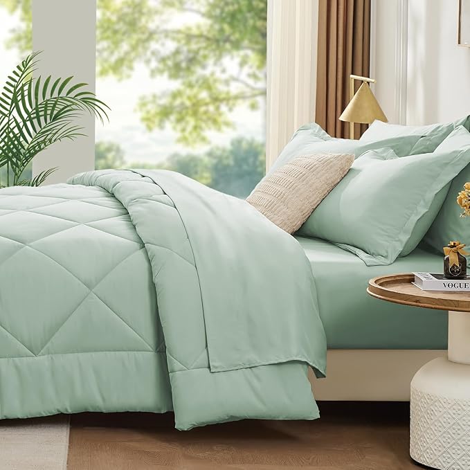 FUANNA 7 Pieces Full Size Comforter Sets, All Season Bedding Sets Full Size, Luxury Soft Bed in a Bag with Comforter, Flat Sheet, Fitted Sheet, Pillowcases & Pillow Shams, Sage Green