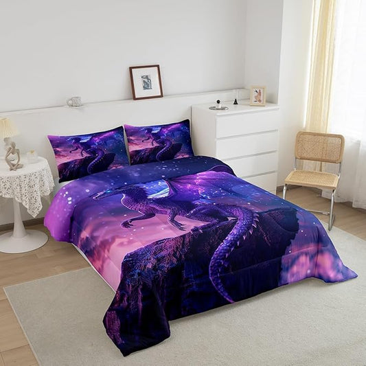 3D Purple Dragon Comforter Set Twin Size,Magical Wild Animal Duvet Insert 2Pcs,Galaxy Nebula Starry Sky Fantasy Bedding Set for Kids Boys Girls Room Decor,Modern Trippy Quilt Set,1 Pillowcase