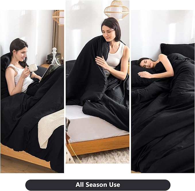 COTTEBED Solid Chic Black Comforters Sets Queen Size Bedding - 3 Pieces Lightweight Silky Soft Cozy Washed PolyCotton Microfiber - 1 Down Alternative Conforter with 2 Pillow Sham All Season,Queen/Full