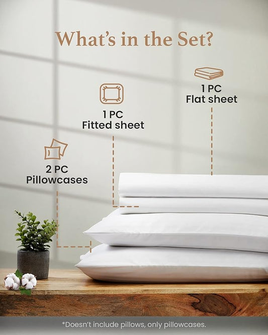 Good Sleep Bedding Twin Sheets Set - 100% Egyptian Cotton Sheets, Soft, 3Pc, Hotel Quality Bed, Deep Pocket Sheet Set Fits Upto 16" - White