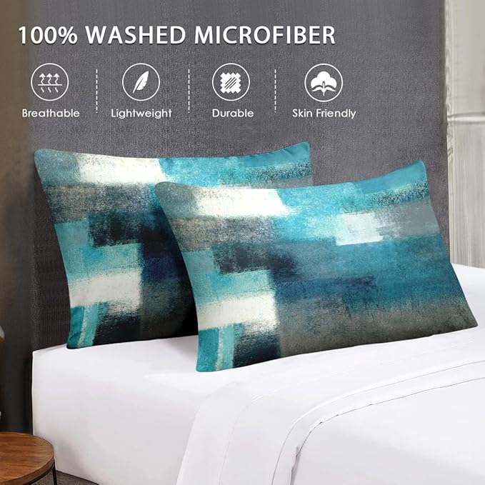 Queen Size Comforter Set with 2 Pillowcases, Painting Contemporary Teal Turquoise Grey Soft 3 Pcs Bedding for Kids and Adults Bedroom Bed Decor