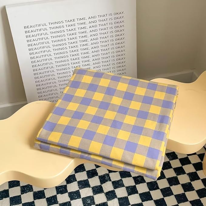 MKXI Purple & Yellow Plaid Duvet Cover Set - 3 Piece Washed Cotton Reversible Bedding King Soft Vintage Checkered Design with Zipper Closure & Corner Ties