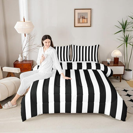 Erosebridal Black and White Striped Full Comforter Set (Pink Reversible) | Striped Bedding Set Pink and Black Comforter Sets for Kids Teens Adults Cute Pinstripe Girls Bed Quilt Sets