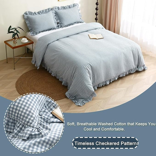 Light Blue/White Plaid Ruffle Duvet Cover Queen Size,100% Washed Cotton 3 Pieces Shabby Checkered Chic Gingham Bedding Set Comforter Cover Set