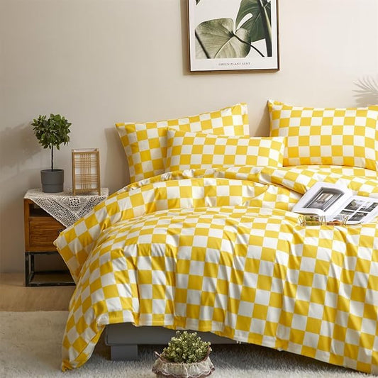 Houseri Plaid Comforter Set - Full Size Yellow Grid Bedding - Teen Girls Preppy Dorm Bedding