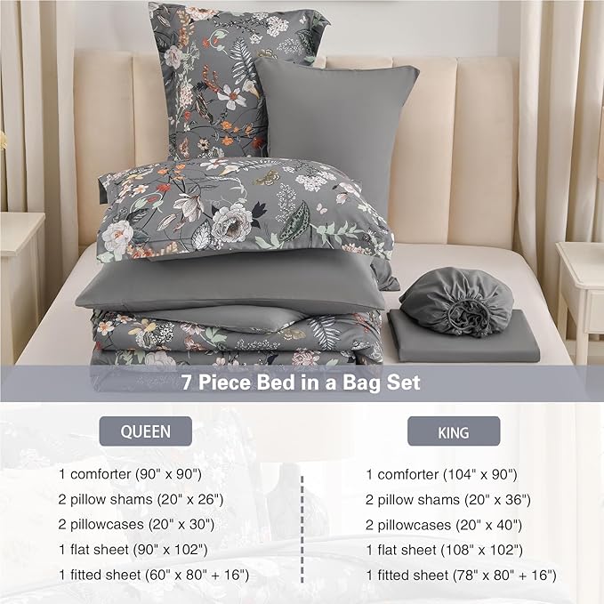 7 Piece Queen Comforter Set, Dark Grey Butterfly Floral Comforter Set with Flowers Leaves Pattern, Soft Microfiber Complete Bedding Set for All Season(Dark Grey, Queen)