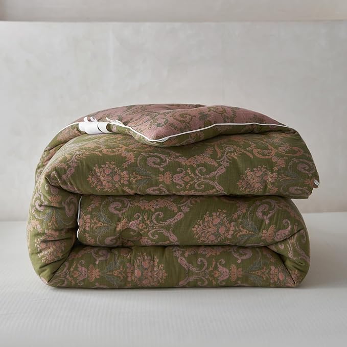 HighBuy Full Comforter Set Olive Green Paisley Floral Comforters Full Size Luxury Soft Muslin Cotton for All Seasons Floral Bedding Set with Comforters,2 Pillowcases,Breathable