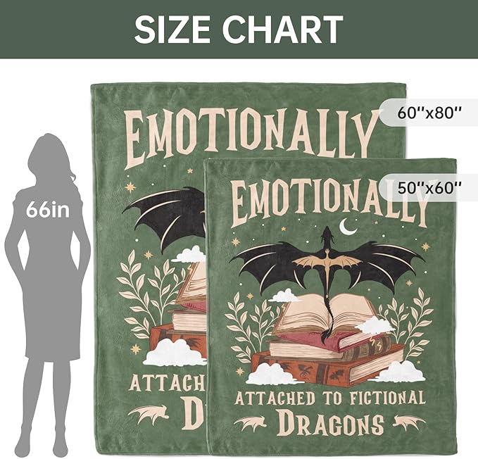 Fantasy Book Lovers Gifts, Bookish Gifts for Woman Men- Gragon Lovers Blanket, Functional Reading Gifts for Readers, Librarian, Book Nerd, Bookworm, Bookish Dragon Throw Blanket 60" x 50"