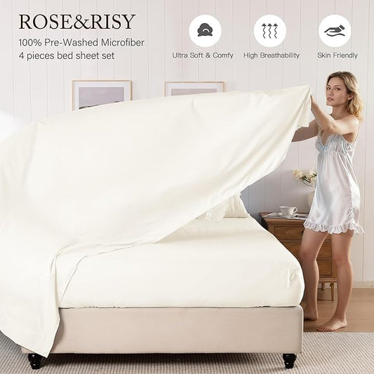 ROSE&RISY Full Size Sheet Set, Pre-Washed Microfiber Cotton-Like 4 Pcs Ultra Soft Bedding Set Full, Breathable Cooling Skin-Friendly All Seasons, 1 Fitted, 1 Flat, 2 Pillowcases (Beige, Full)