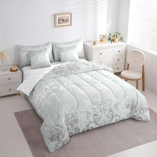 Erosebridal Gothic Damask Bed in a Bag King Size Comforter Set 7 Pieces,Sun Moon Tree of Life Bedding Sets Silver White Victorian Floral Goth Sheet Set with Comforter