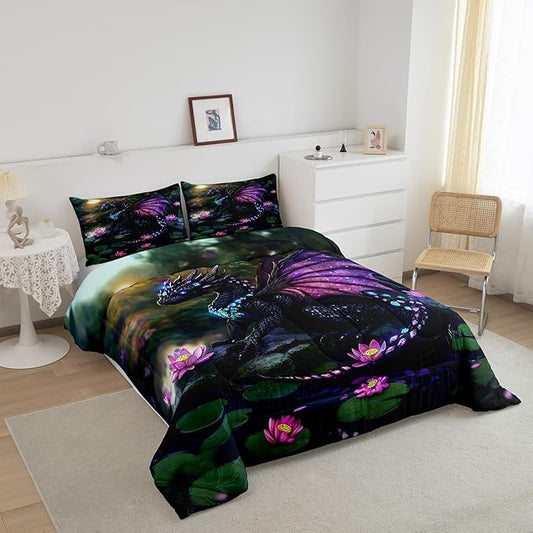 Feelyou Dragon Comforter Set Full Size Dragon Stuff Comforter for Boys Girls Teens Wild Life Bedding Set Lotus Flower Duvet Set Room Decor Green Purple Quilt Set