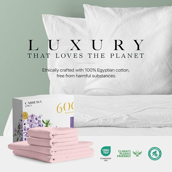 Carressa Linen 100% Egyptian Cotton Queen Sheet Set - 600 Thread Count Egyptian Cotton Queen Sheets Set (4 PC, Soft Blush), Ultra Soft, Cooling, 16" Deep Pocket Sateen Weave Luxury Hotel Bed Sheet