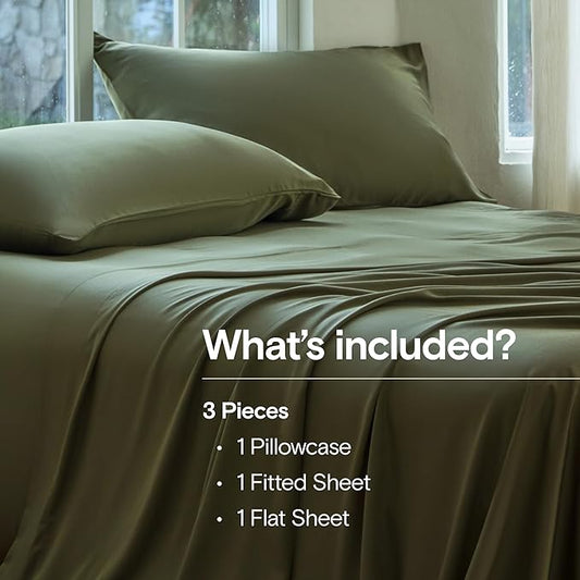 DOZ Sheet Set, 100% Viscose derived from Bamboo, Organically Grown, Buttery Soft, Cooling Sheets, High GSM, Deep Pockets - 3 Piece - 1 Pillowcase 1 Fitted 1 Top Sheet (Olive, Twin XL)