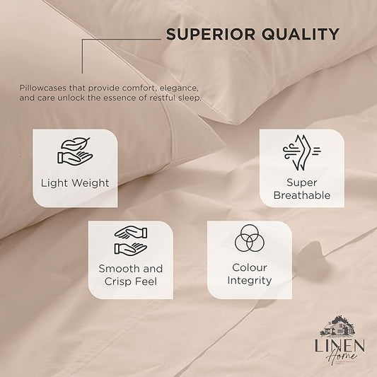 Linen Home 100% Cotton Percale Pillowcases Queen Size, Sand Shell, 2 Pieces of Pillow Case, Crisp and Cool Strong Bed Linen, 20 inches X 30 inches