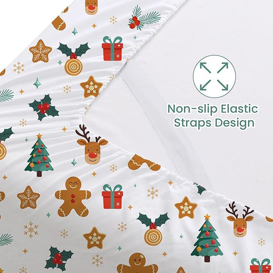 Softan Christmas Holiday Twin Size Sheet Set,3-Piece Printed Microfiber Fitted Bed Sheet with 15" Deep Pocket & Non-Slip Straps, Snowflake Reindeer Patterned Sheets & Pillowcase Set