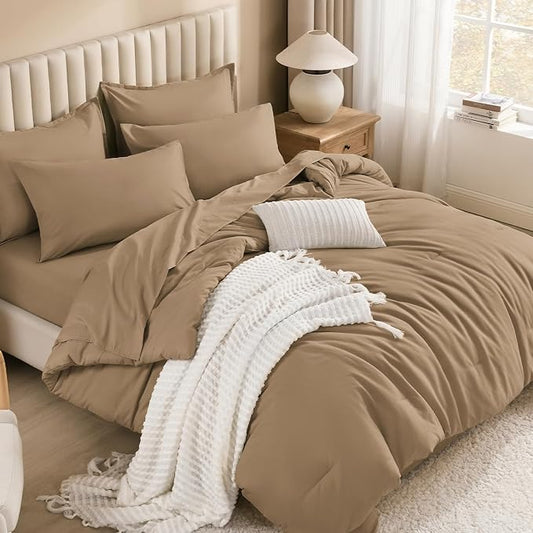 Litanika Oversized King Comforter Sets Taupe - 7 Pieces Bed in a Bag Oversized King Bedding Comforter Sets, Solid Lightweight Bed Set with Comforter, Sheets, Pillowcases & Shams