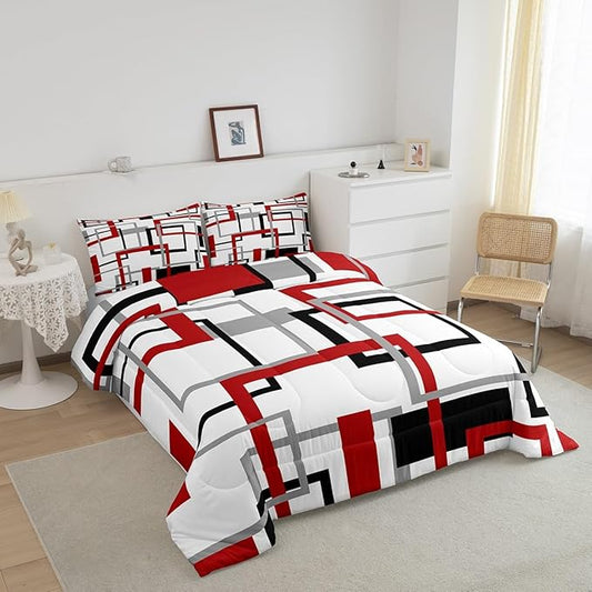 Square Comforter Set,White Black Red Grey Stripes Bedding Set Warm,Geometric Grid Checkred Down Comforter for Kids Boys Girls,Modern Creative Art Quilted Duvet Soft with 2 Pillowcases,Full