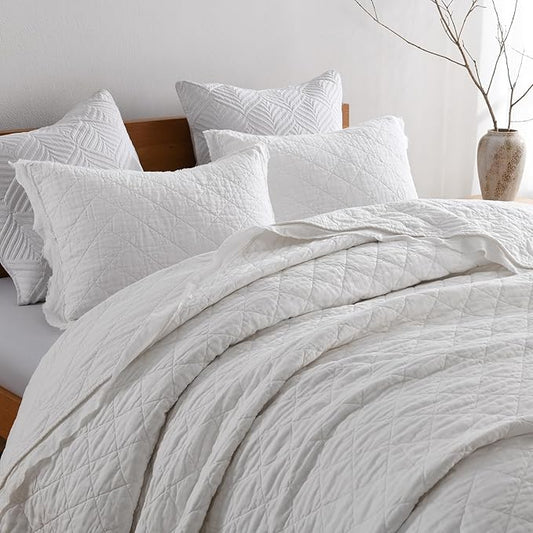 HORIMOTE HOME 100% Linen Front/100% Cotton Back Quilt Set King Size, White Pre-Washed European Flax Linen Quilt, Diamond Stitch Bedspread Coverlet Bedding Set 3-Piece for All Seasons