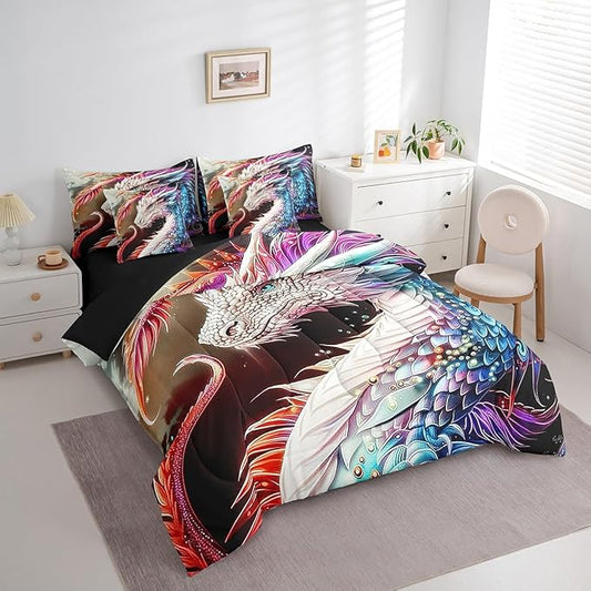 Erosebridal Colourful Dragon Comforter Set 7 Piece Bed in a Bag Twin,Gothic Artistic Mythical Animal Bedding Sets Antique Wildlife Sheet Set with Comforter