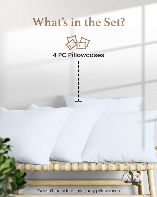 Set of 4 Pillow Cases King, 800 TC 100% Egyptian Cotton, Great for Hair & Skin Care, Silky Soft Sateen Weave Pillow Covers for Bed Pillow, Improves Sleep Quality, 4" Hem Pillowcases, Light Blue