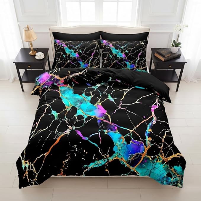 Black Comforter Set King Size, Abstract Marble Bedding Sets with Neon Gardient Texture, 3Pcs Soft Microfiber Quilted Comforter for All Season, 104"x90"