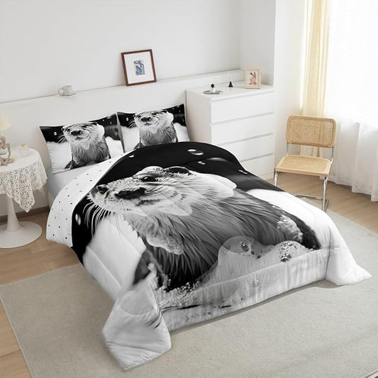 Erosebridal Marine Animal Comforter Set Twin Size Sea Otter Bedding Set for Kids Boys Girls Kawaii Shower Bubbles White Beige Black Comforter Warm Soft Quilt Insert