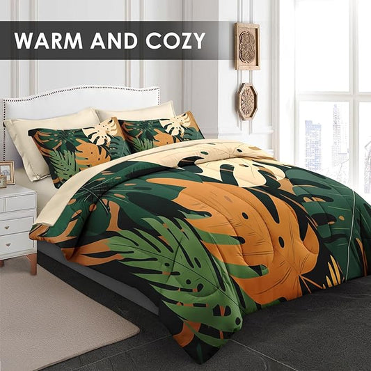 Comforter Set King Size, Boho Monstera Leaves 7 Pcs Bedding Set for Kids and Adults, Summer Bohemian Plant Bed Sheet Sets with Fitted Sheet 2 Pillowcase & 2 Sham for Bedroom Bed Decor