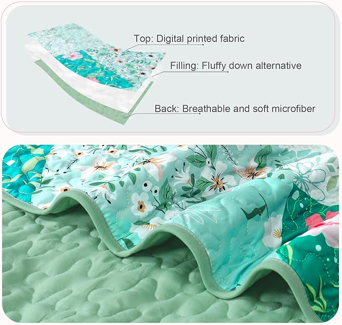 Whale Flotilla Patchwork Quilt Twin Size, Extra Soft Boho Floral Bedspreads for Bed Reversible Lightweight Twin Quilt Bedding Set Printed Coverlets with 1 Pillow Sham for All Seasons, Green