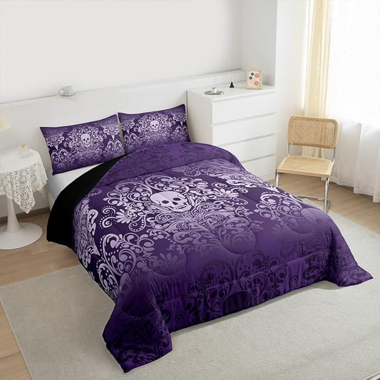 Feelyou Adults Gothic Skull Bedding Set Twin Size Kids Damask Print Comforter Goth Bohemian Duvet Breathable Soft Lightweight Microfiber Purple Room Decor with 1 Pillowcase