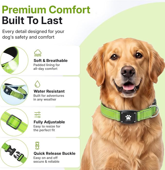 GPS Dog Collar Tracker 2-in-1,Reflective Waterproof Pet Collar,iOS-Only,No Monthly Fees,Unlimited Range,Dog Tracking Collar Pet Tracker,for Small Medium Large Dogs(L (16.5"-23.5"), Green)