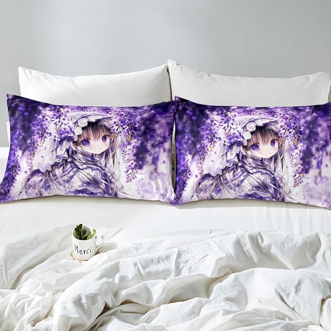 Erosebridal Lilac Flower Girl Fitted Sheet for Boys Girls Kids Purple Spring Floral Full Bed Sheets,Anime Girl Sheets Cartoon Anime Gift Bedding Sets, No Top Sheet