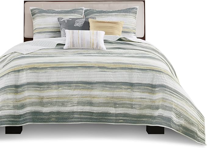 Madison Park Quilt Set Cottage Coastal Design, 6 Piece Set - All Season, Coverlet Bedspread Lightweight Bedding Layer, Shams, Toss Pillows, Full/Queen(90 in x 90 in), Yellow/Grey
