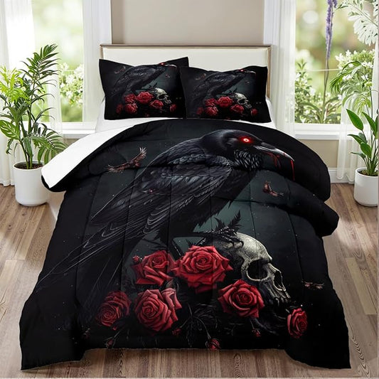 Black Crow Red Rose Skull Comforter Set King Size Halloween Gothic Roses Skeleton Bedding Set Holiday Decoration Bedding Black Floral Bird Down Comforters Soft Microfiber Comforter Sets