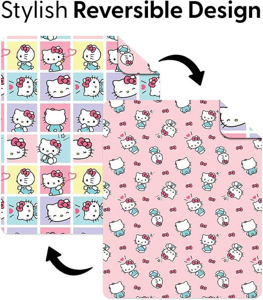 Northwest Hello Kitty Sweet As Can Be Reversible Quilted Throw, Kawaii Cozy Fantasy Throw, Gift for Anime Fans or Game Room Décor, 90 x 90 Inches