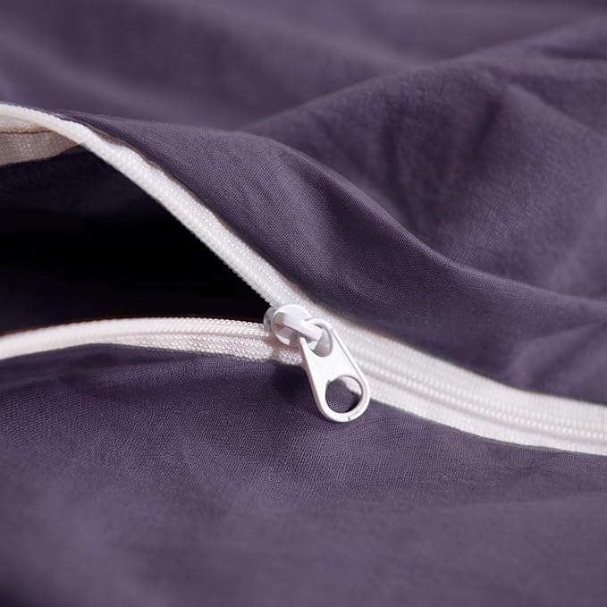 NEXHOME PRO 100% Washed Cotton Duvet Cover Full Size, Ogranic Natural Linen Feel Breathable Bedding Set with Zipper Closure, 3 Pieces Duvet Cover Set Eggplant (No Comfortert) 8090