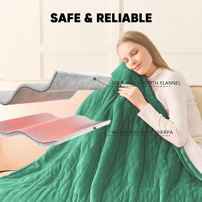 greenoak Heated Blanket Electric Queen Size 84"X90" Dual Control, Heating Blanket with 10 Levels 1/2/4/6/8 Hours Auto-Off Overheat Protection, Soft Sherpa Warm,ETL Certified Emerald Green